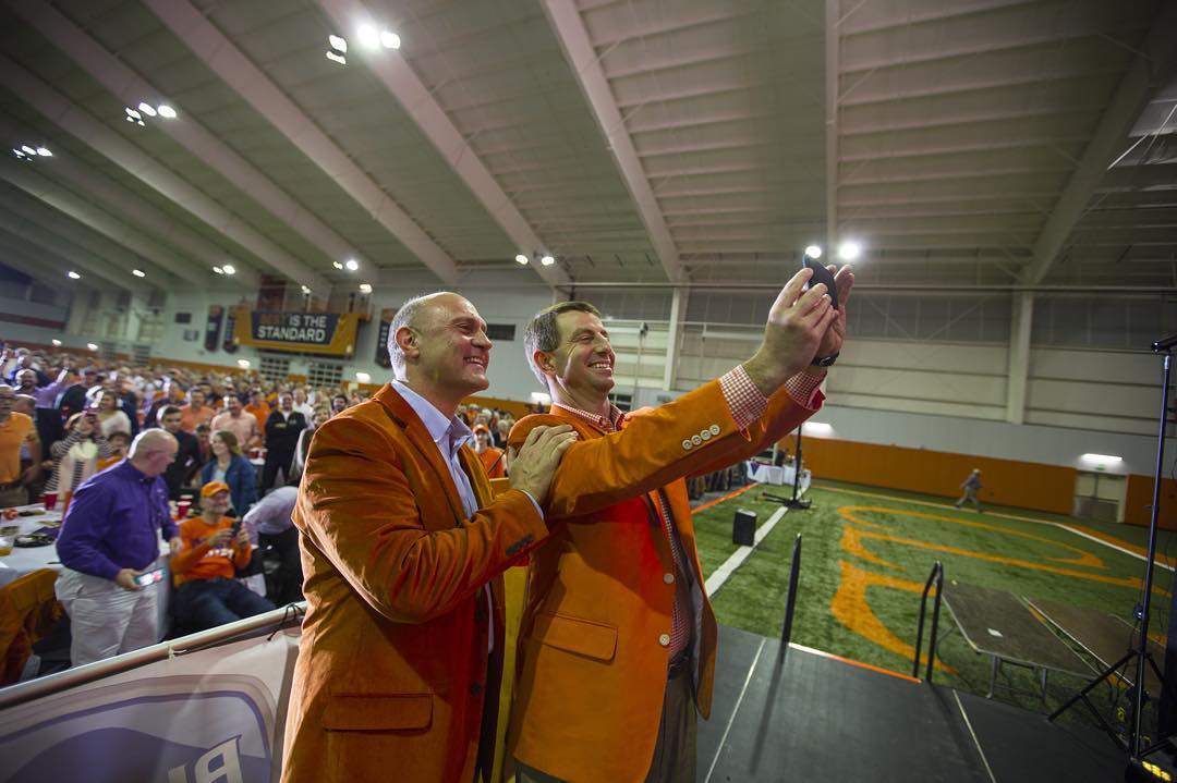 One of my favorite moments I witnessed and captured last night at the Wendy's Recruiting Wrap Up! It was fun to see Dabo and #Clemson President Clements take a #selfie! #GoTigers #Canon #EOS #5dmarkiii