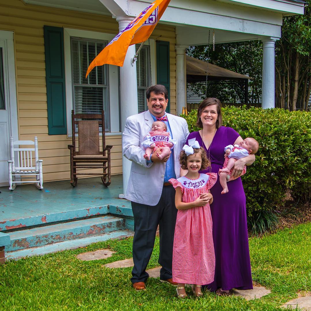 George and Henry are 3 months old, Rosebud just turned 6 years old, and Clemson beat Auburn…so how about a family picture?! Plus, we only had a picture the #Rettew5 from the NICU, so it was time! #Canon #5dmkiv #camerapapa #twinslife